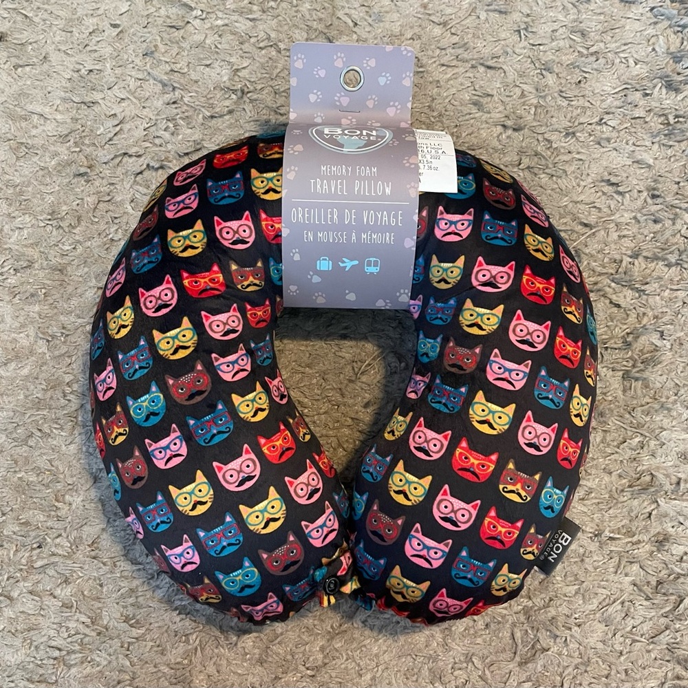 Bon Voyage Memory Foam Travel Pillow Cats with Mustaches